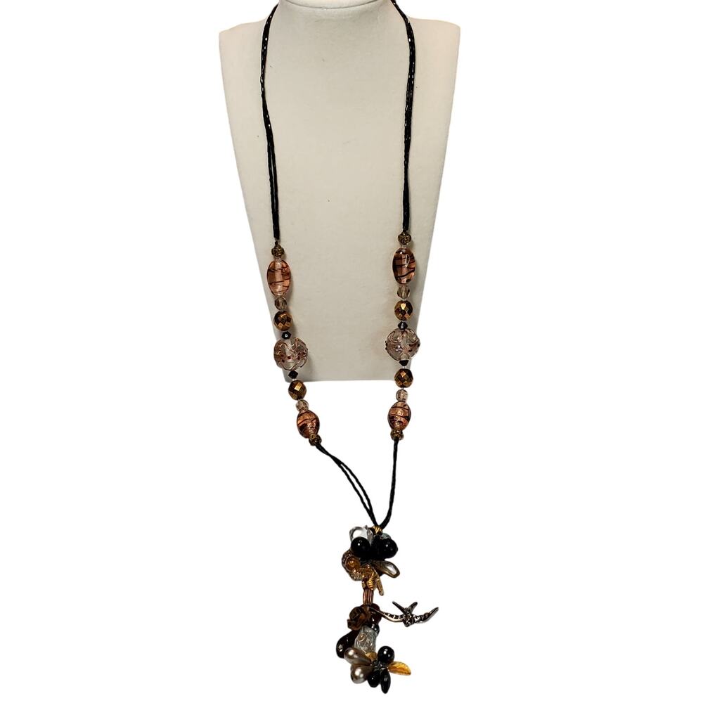 Retro Bee Rose Bird Bead Cluster Necklace Extra Long Y Drop 32" Boho Bohemian